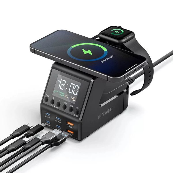 BlitzWolf BW-FW10 ébresztőóra töltővel, 2xUSB-A, 4xUSB-C, 240 W